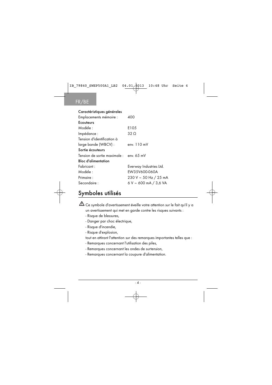 Symboles utilisés, Fr/be | Silvercrest SWEP 500 A1 User Manual | Page 7 / 131