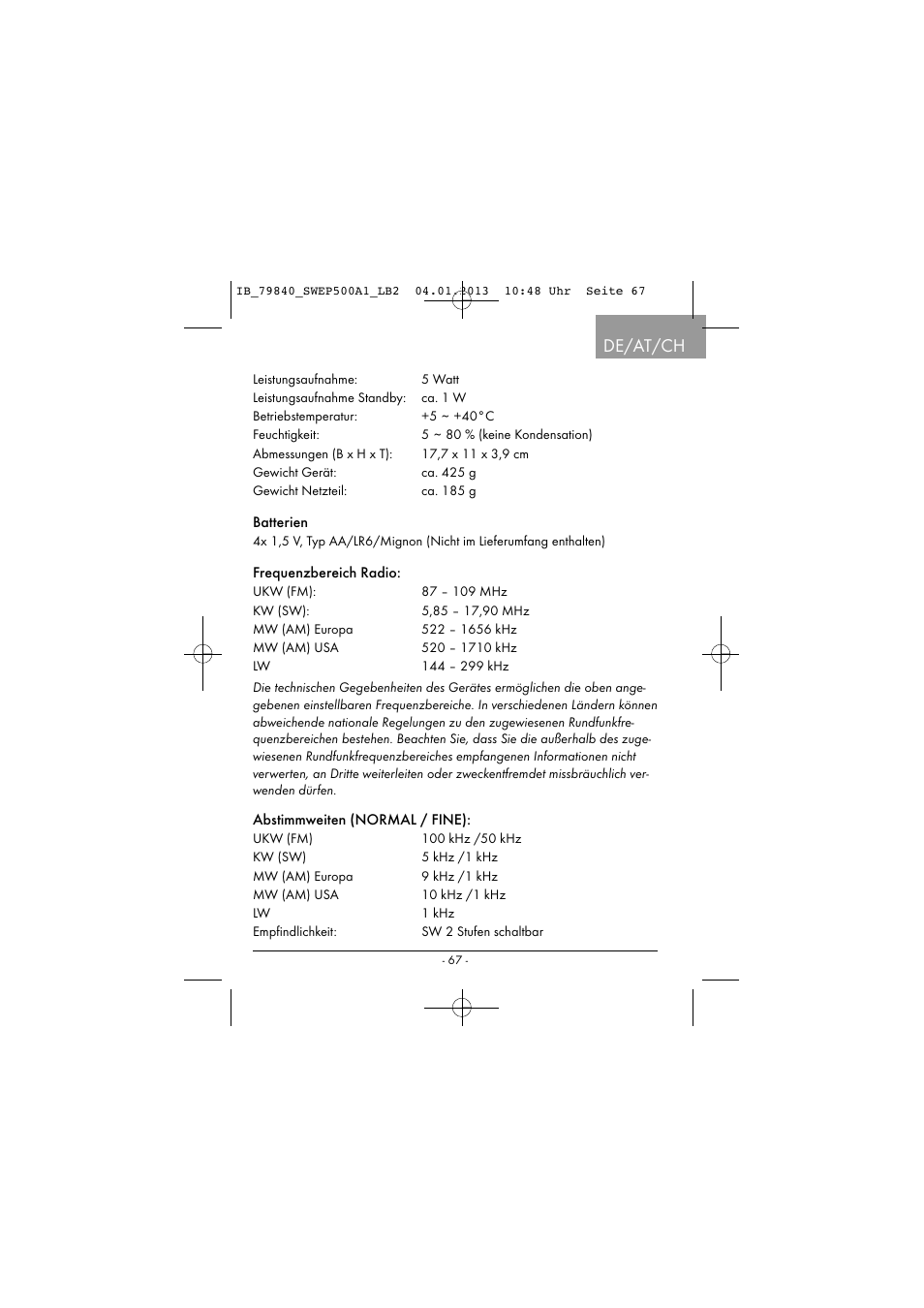 De/at/ch | Silvercrest SWEP 500 A1 User Manual | Page 70 / 131