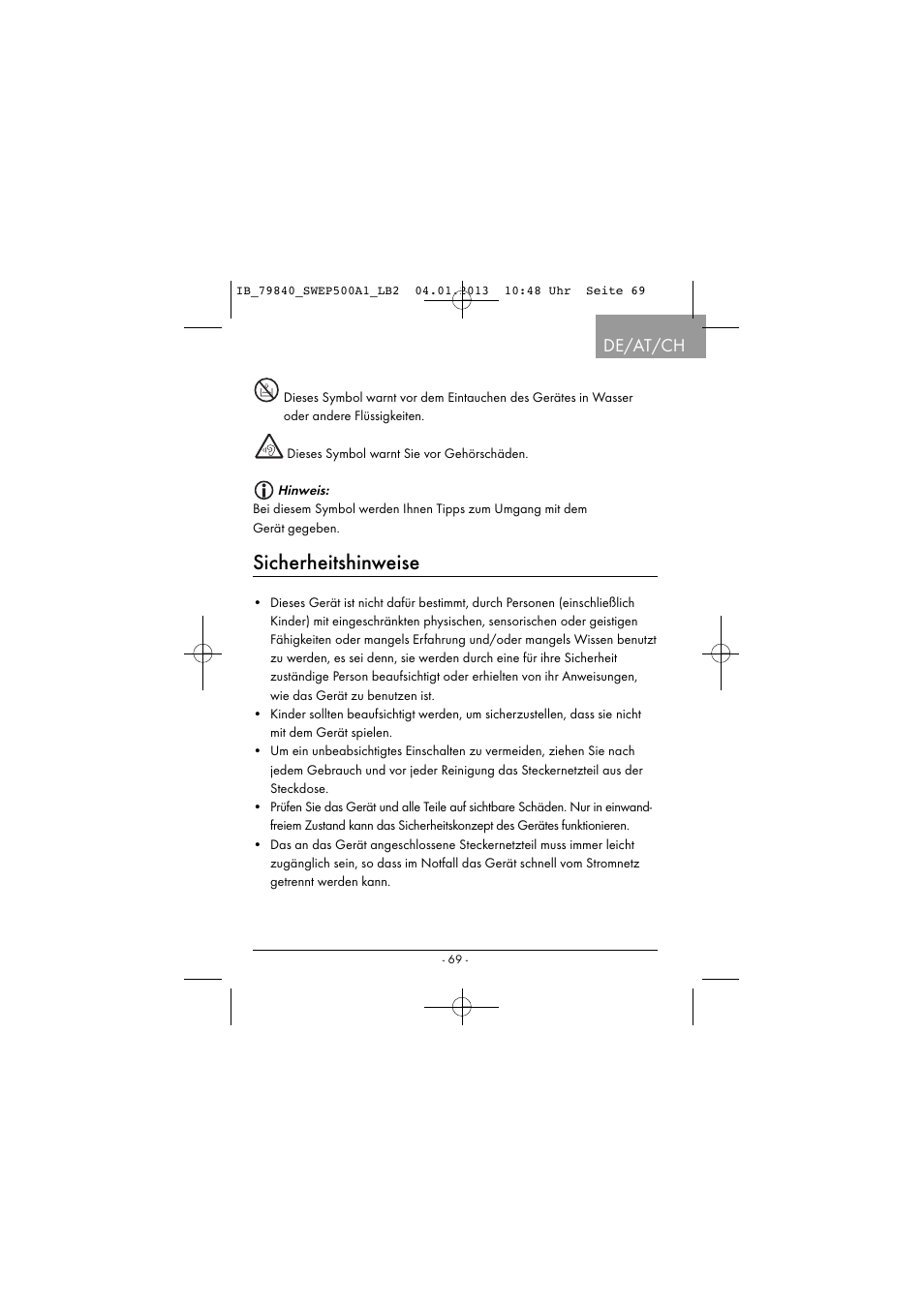 Sicherheitshinweise, De/at/ch | Silvercrest SWEP 500 A1 User Manual | Page 72 / 131