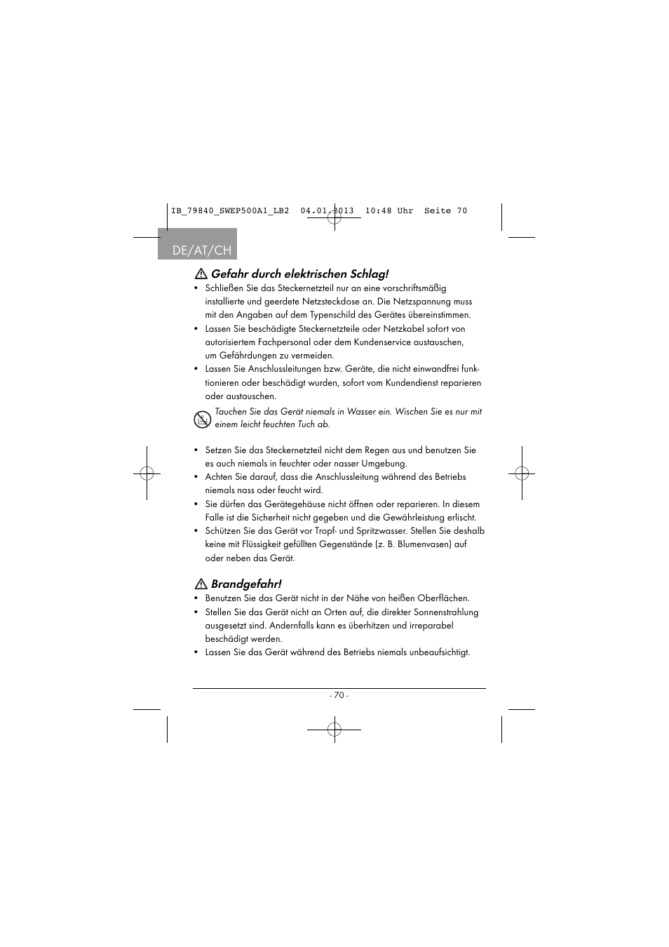 De/at/ch, Gefahr durch elektrischen schlag, Brandgefahr | Silvercrest SWEP 500 A1 User Manual | Page 73 / 131