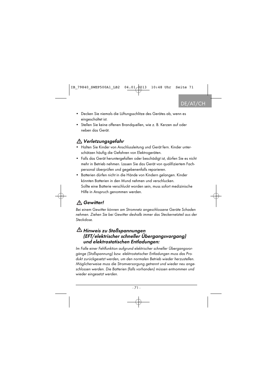 De/at/ch, Verletzungsgefahr, Gewitter | Silvercrest SWEP 500 A1 User Manual | Page 74 / 131