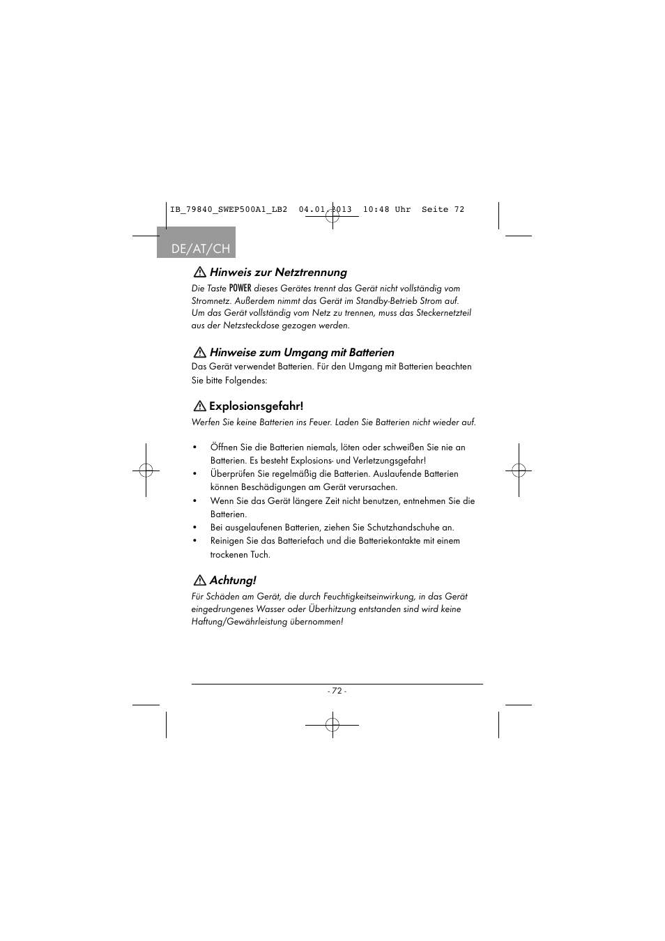 De/at/ch, Hinweis zur netztrennung, Hinweise zum umgang mit batterien | Explosionsgefahr, Achtung | Silvercrest SWEP 500 A1 User Manual | Page 75 / 131