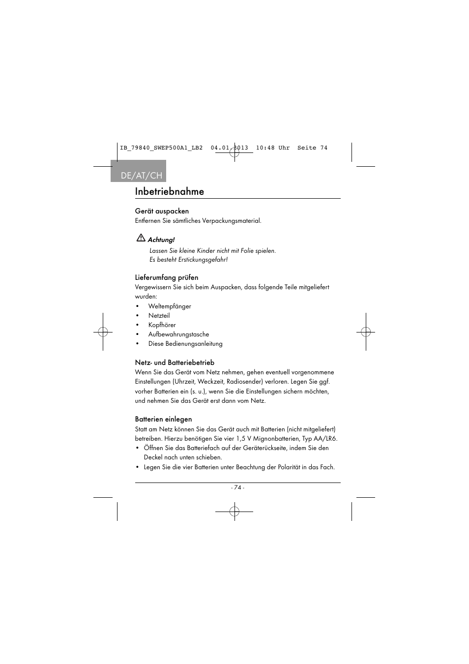 Inbetriebnahme, De/at/ch | Silvercrest SWEP 500 A1 User Manual | Page 77 / 131