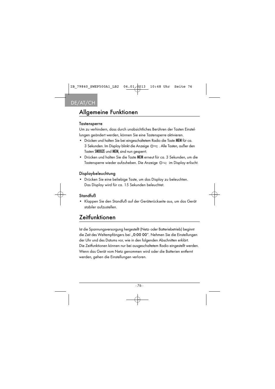 Allgemeine funktionen, Zeitfunktionen, De/at/ch | Silvercrest SWEP 500 A1 User Manual | Page 79 / 131