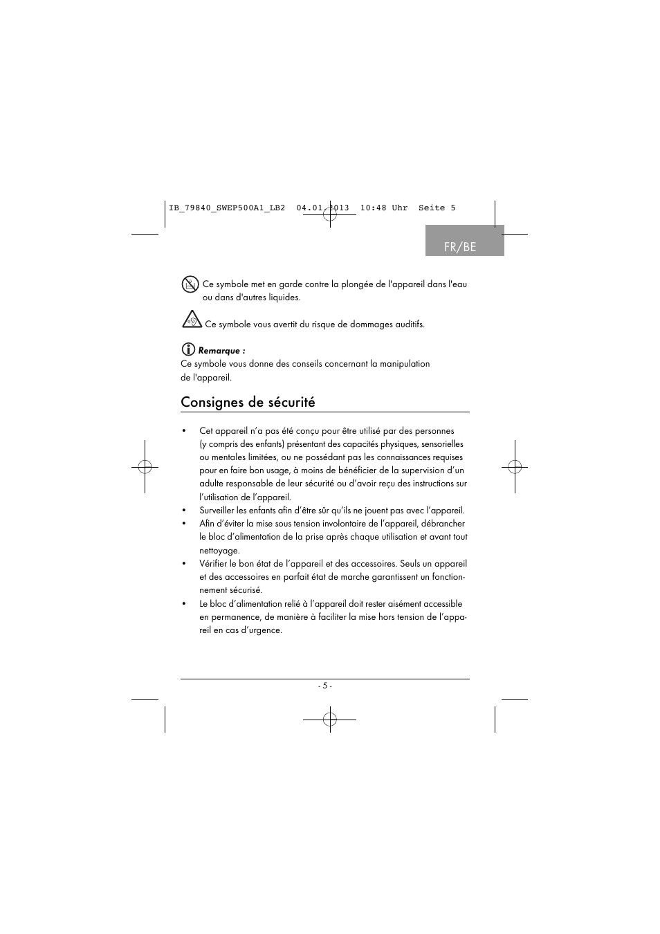 Consignes de sécurité, Fr/be | Silvercrest SWEP 500 A1 User Manual | Page 8 / 131