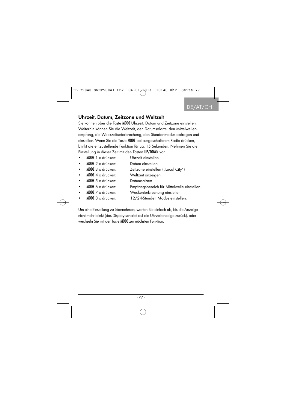 De/at/ch, Uhrzeit, datum, zeitzone und weltzeit | Silvercrest SWEP 500 A1 User Manual | Page 80 / 131