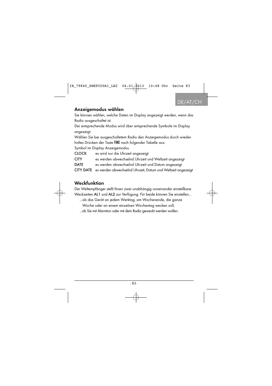 De/at/ch, Anzeigemodus wählen, Weckfunktion | Silvercrest SWEP 500 A1 User Manual | Page 86 / 131