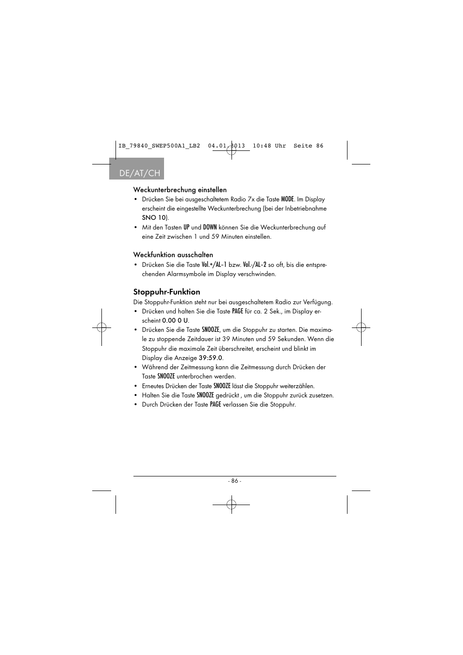 De/at/ch, Stoppuhr-funktion | Silvercrest SWEP 500 A1 User Manual | Page 89 / 131
