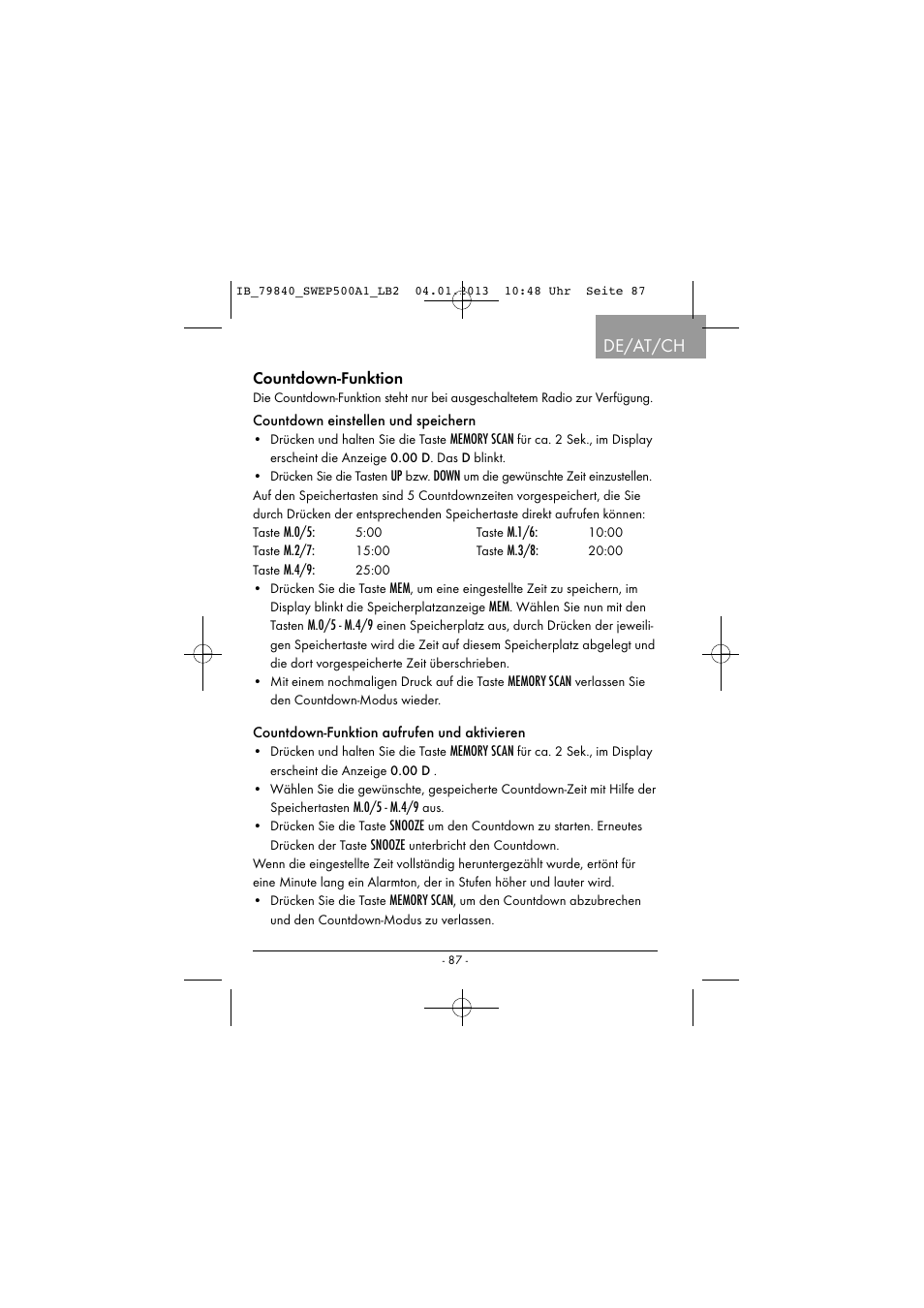 De/at/ch, Countdown-funktion | Silvercrest SWEP 500 A1 User Manual | Page 90 / 131