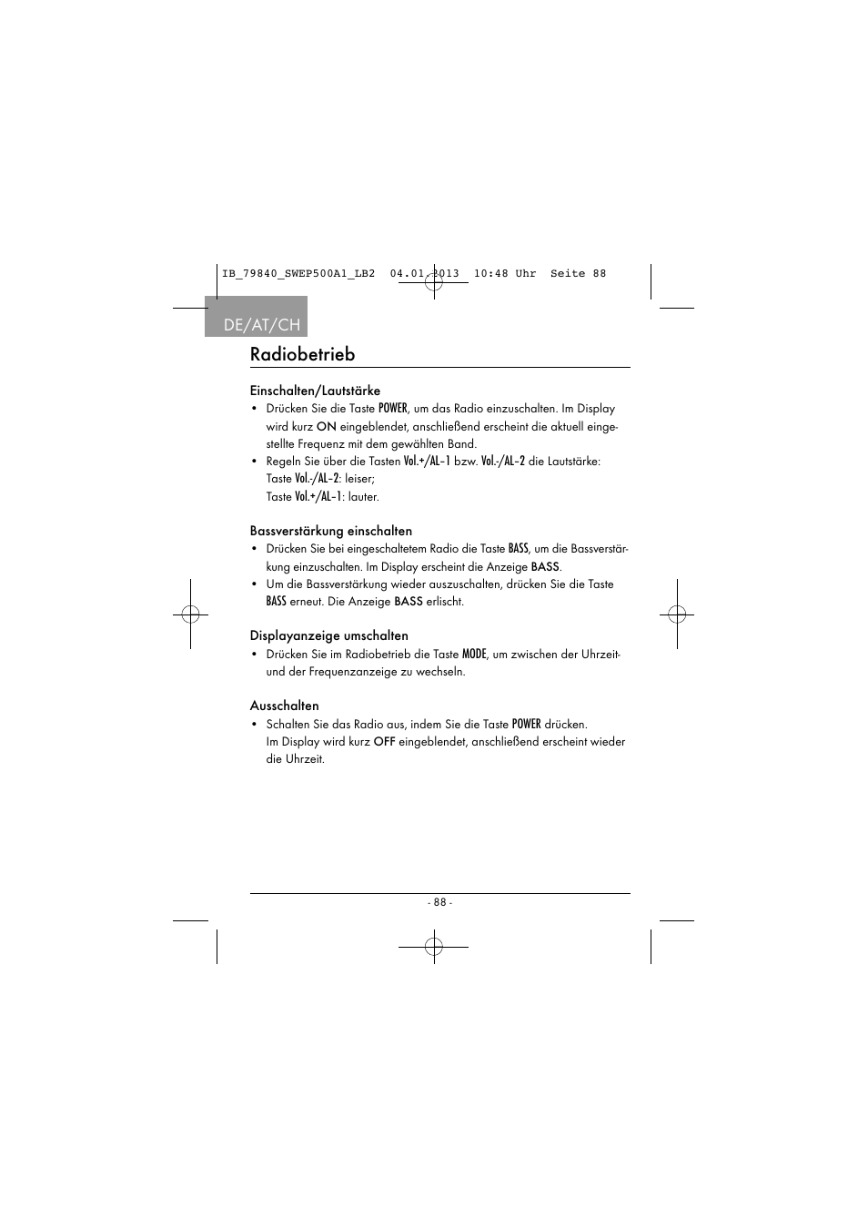 Radiobetrieb, De/at/ch | Silvercrest SWEP 500 A1 User Manual | Page 91 / 131