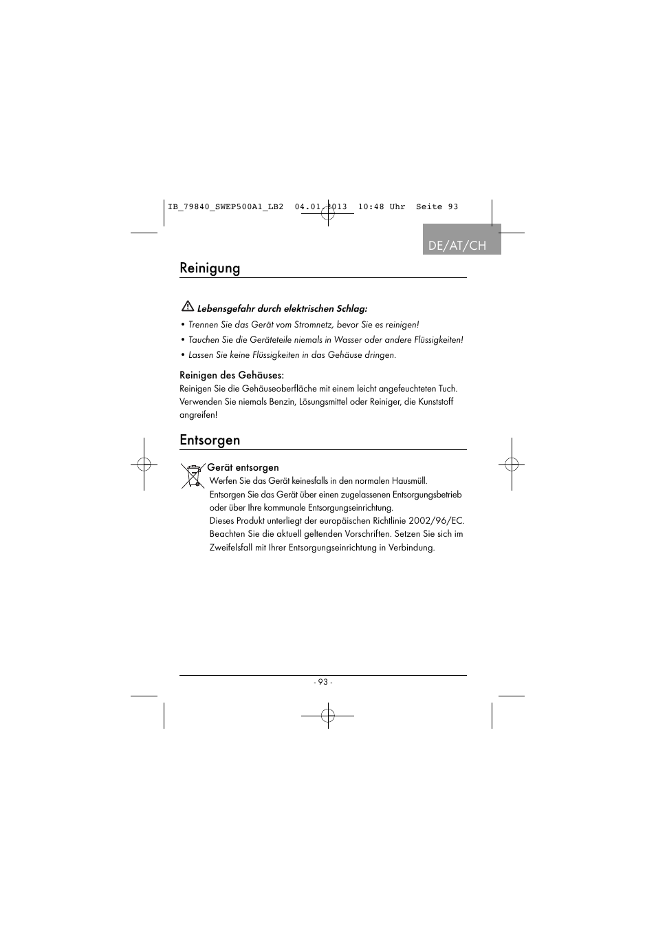 Reinigung, Entsorgen, De/at/ch | Silvercrest SWEP 500 A1 User Manual | Page 96 / 131