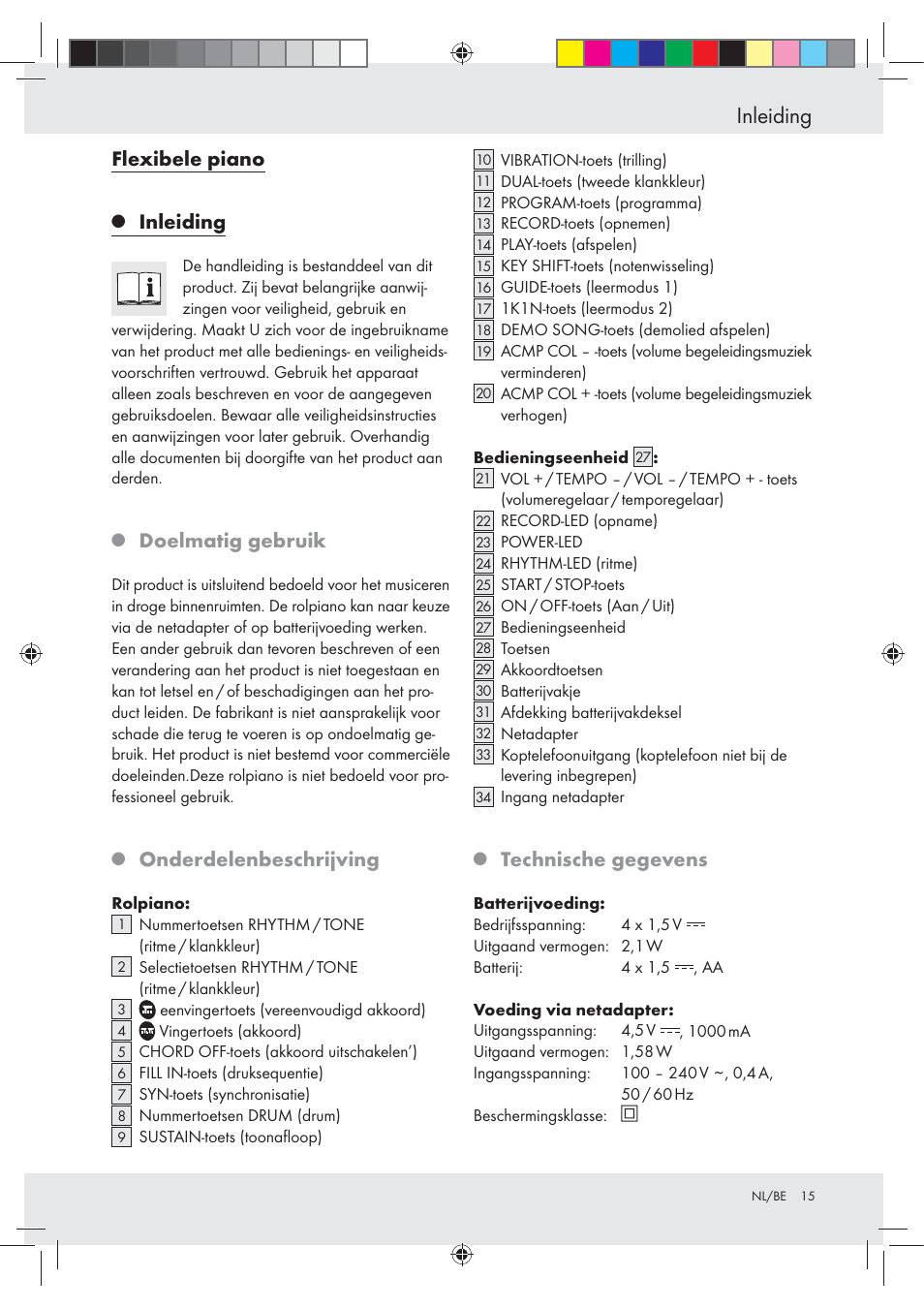 Inleiding, Flexibele piano, Doelmatig gebruik | Onderdelenbeschrijving, Technische gegevens | Silvercrest Z30258-BS User Manual | Page 15 / 36