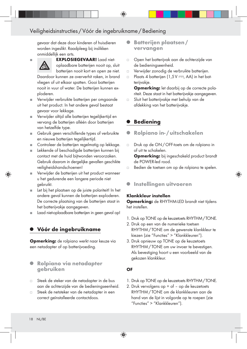 Vóór de ingebruikname, Rolpiano via netadapter gebruiken, Batterijen plaatsen / vervangen | Bediening, Rolpiano in- / uitschakelen, Instellingen uitvoeren | Silvercrest Z30258-BS User Manual | Page 18 / 36