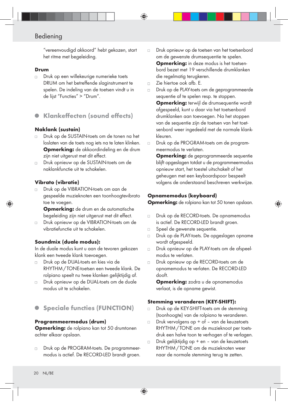 Bediening, Klankeﬀecten (sound eﬀects), Speciale functies (function) | Silvercrest Z30258-BS User Manual | Page 20 / 36