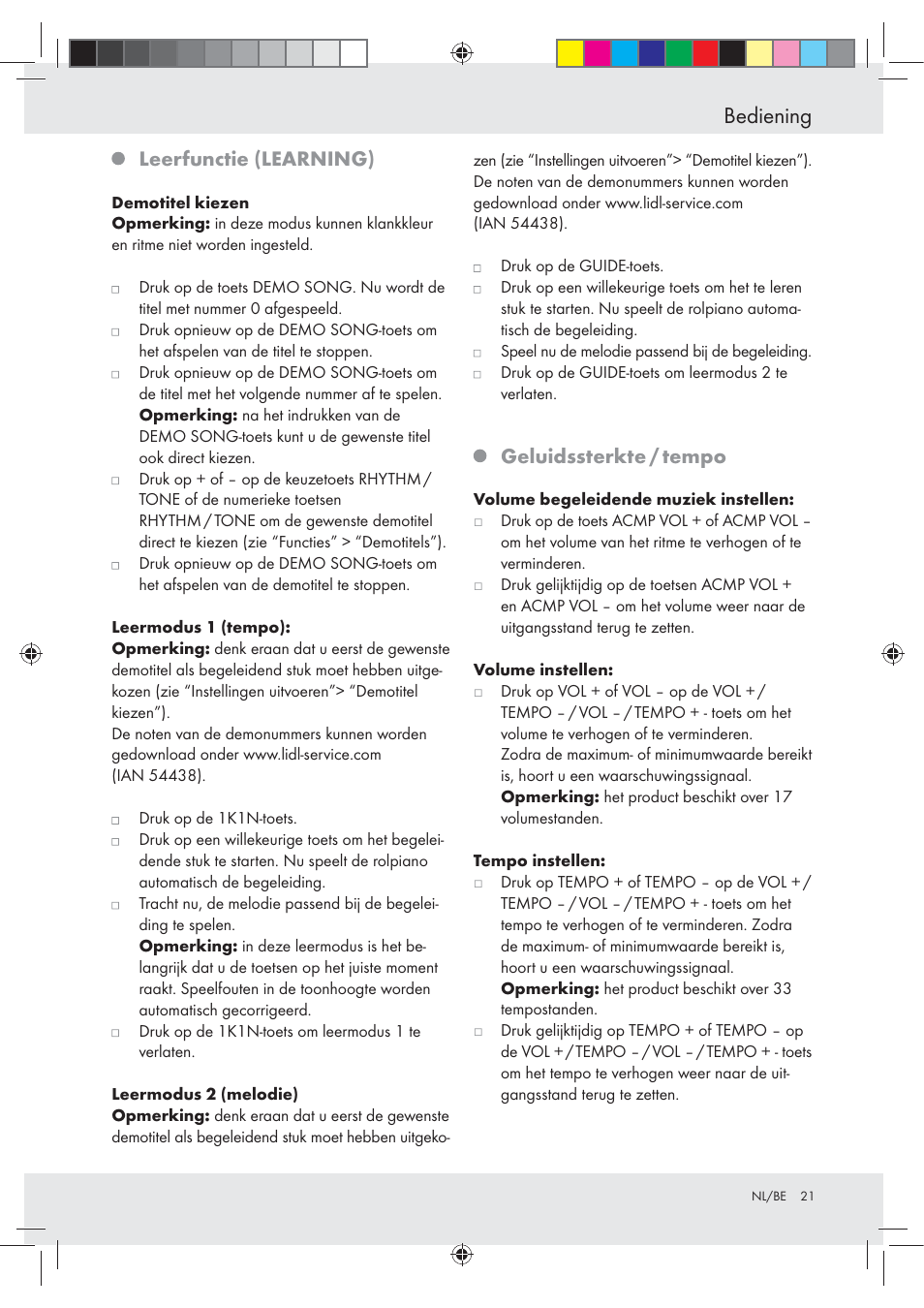 Bediening, Leerfunctie (learning), Geluidssterkte / tempo | Silvercrest Z30258-BS User Manual | Page 21 / 36