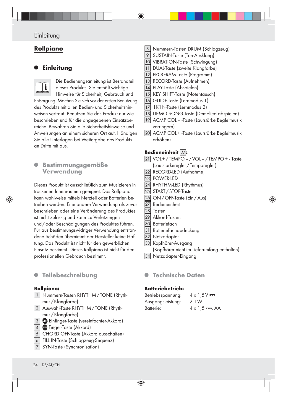 Einleitung, Rollpiano, Bestimmungsgemäße verwendung | Teilebeschreibung, Technische daten | Silvercrest Z30258-BS User Manual | Page 24 / 36