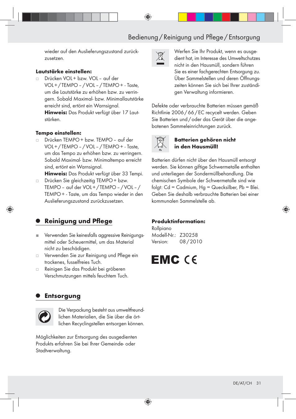 Bedienung / reinigung und pflege / entsorgung, Reinigung und pﬂege, Entsorgung | Silvercrest Z30258-BS User Manual | Page 31 / 36