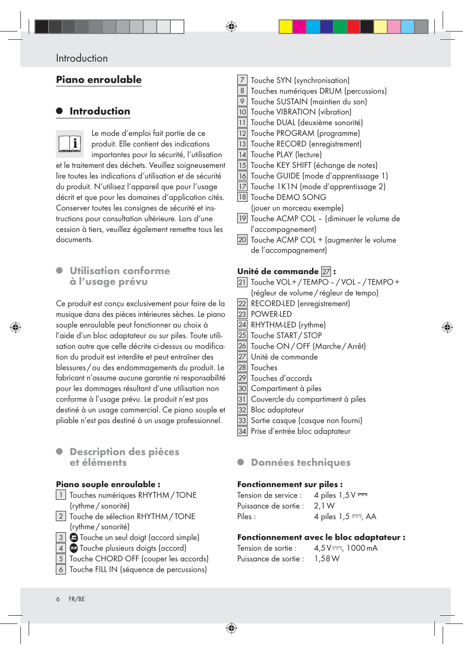 Introduction, Piano enroulable, Utilisation conforme à l’usage prévu | Description des pièces et éléments, Données techniques | Silvercrest Z30258-BS User Manual | Page 6 / 36