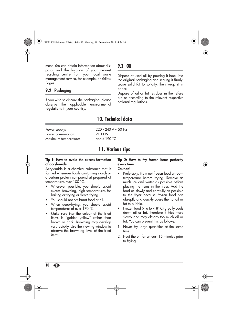 Technical data, Various tips, 2 packaging | 3 oil | Silvercrest SEF 2100 A1 User Manual | Page 12 / 26