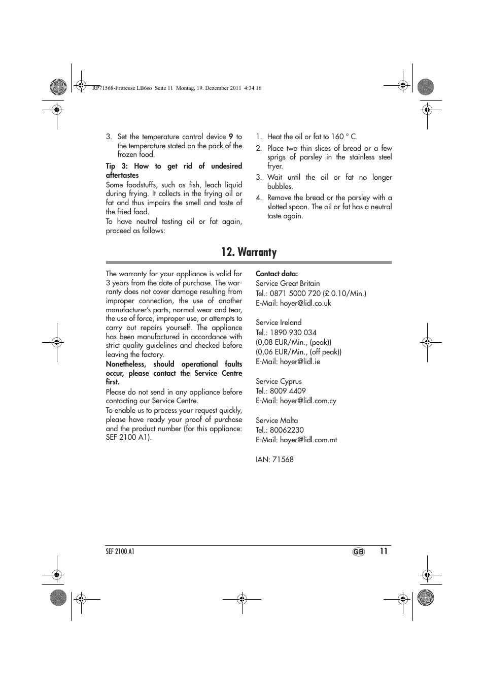 Warranty | Silvercrest SEF 2100 A1 User Manual | Page 13 / 26