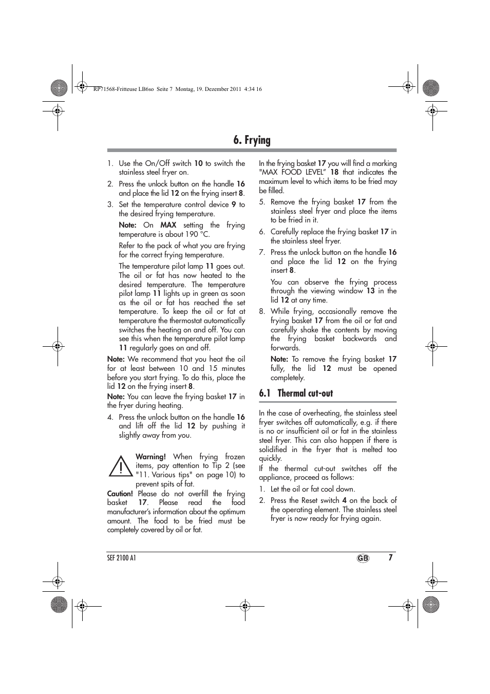 Frying, 1 thermal cut-out | Silvercrest SEF 2100 A1 User Manual | Page 9 / 26
