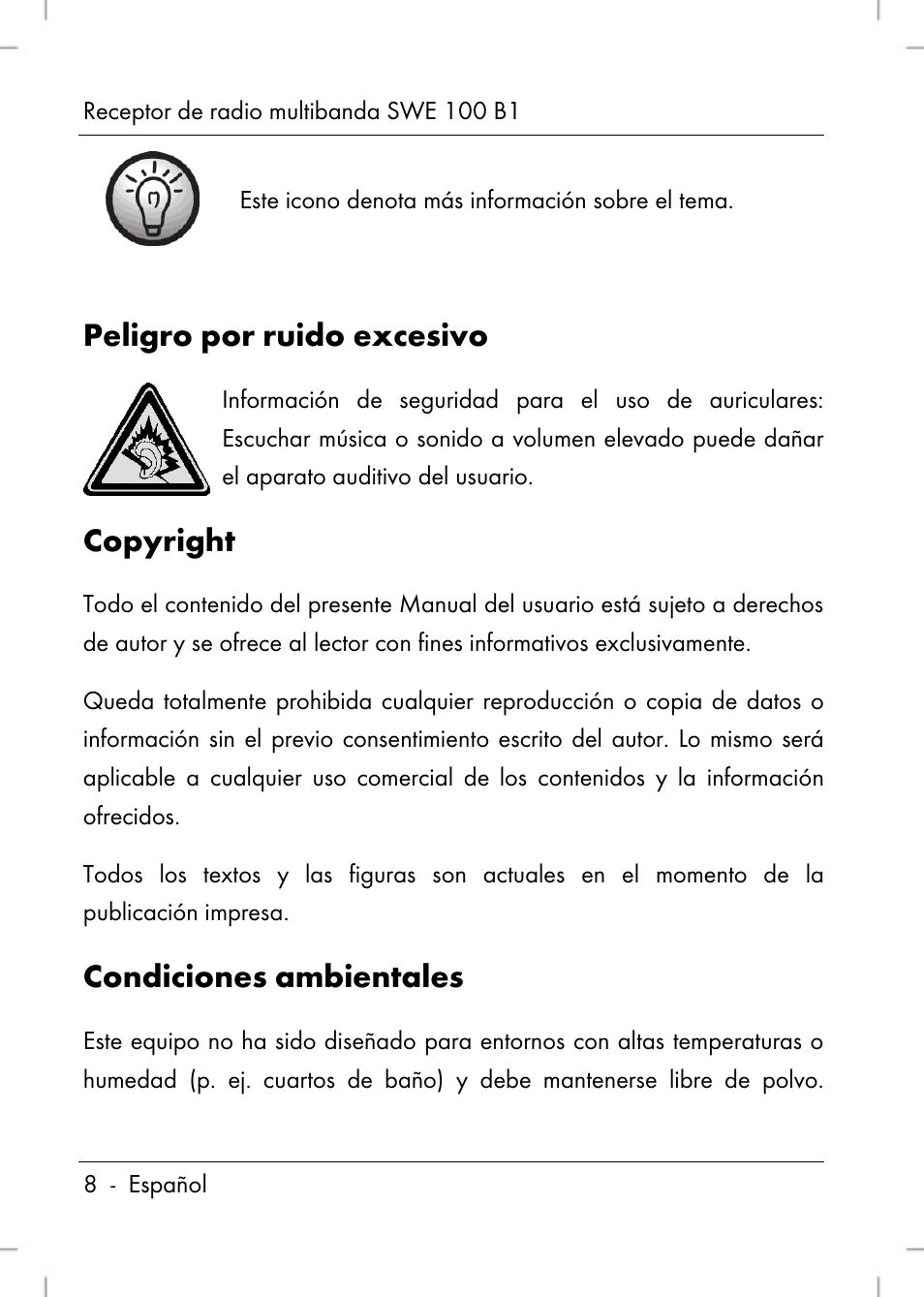 Peligro por ruido excesivo, Copyright, Condiciones ambientales | Silvercrest SWE 100 B1 User Manual | Page 10 / 140