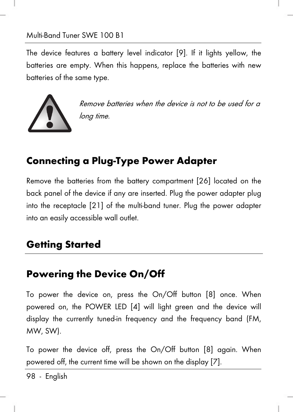 Connecting a plug-type power adapter, Getting started powering the device on/off | Silvercrest SWE 100 B1 User Manual | Page 100 / 140