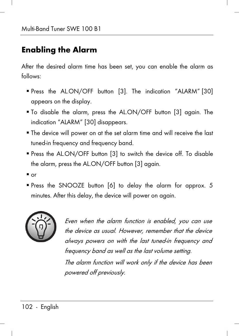 Enabling the alarm | Silvercrest SWE 100 B1 User Manual | Page 104 / 140