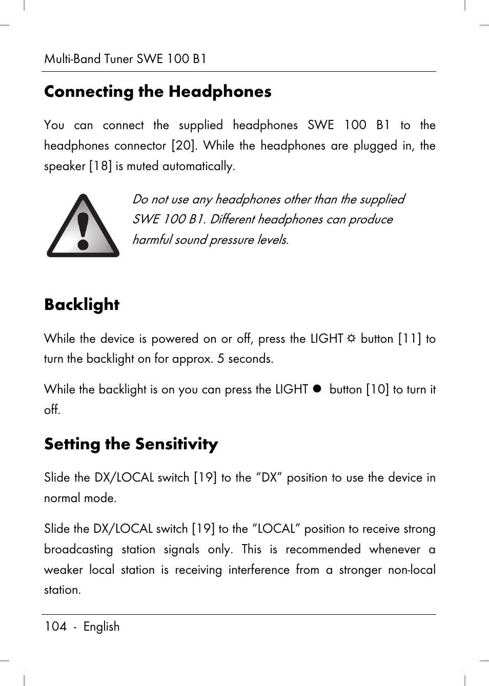 Connecting the headphones, Backlight, Setting the sensitivity | Silvercrest SWE 100 B1 User Manual | Page 106 / 140