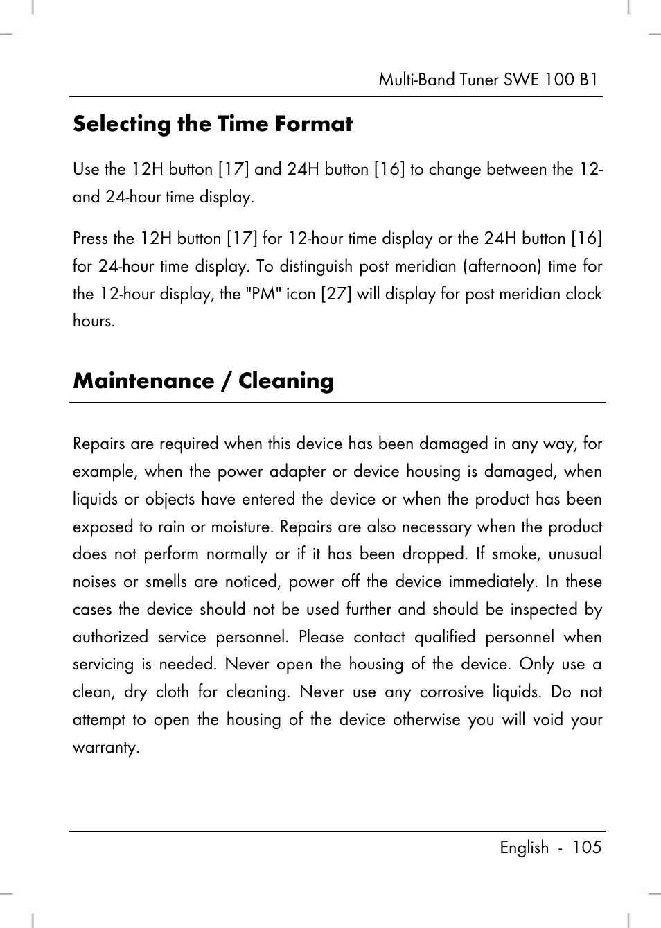 Selecting the time format, Maintenance / cleaning | Silvercrest SWE 100 B1 User Manual | Page 107 / 140