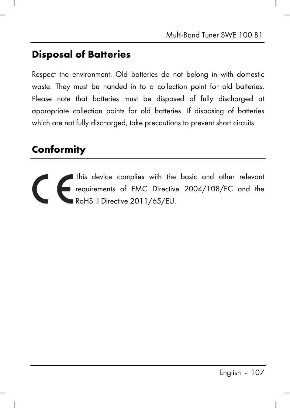 Disposal of batteries, Conformity | Silvercrest SWE 100 B1 User Manual | Page 109 / 140