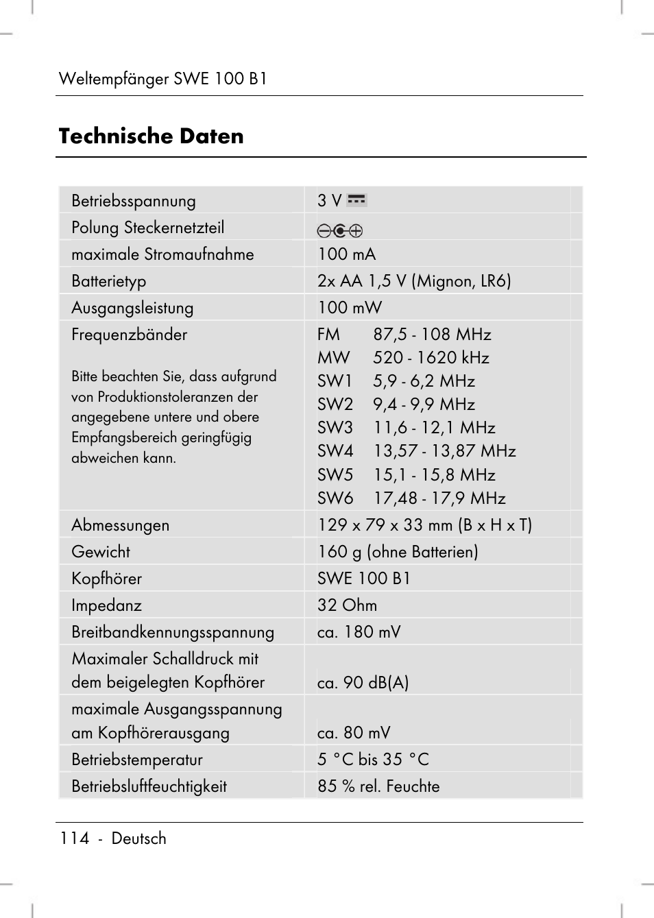 Technische daten | Silvercrest SWE 100 B1 User Manual | Page 116 / 140