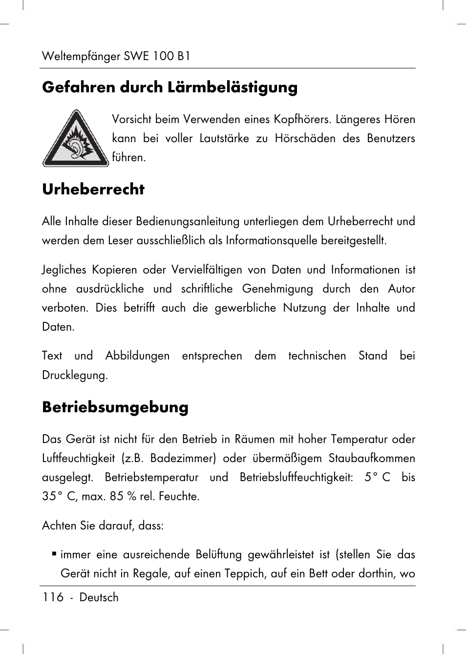 Gefahren durch lärmbelästigung, Urheberrecht, Betriebsumgebung | Silvercrest SWE 100 B1 User Manual | Page 118 / 140