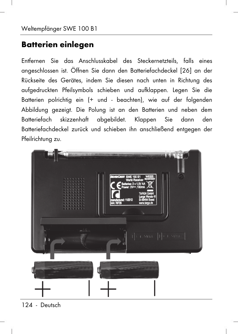 Batterien einlegen | Silvercrest SWE 100 B1 User Manual | Page 126 / 140