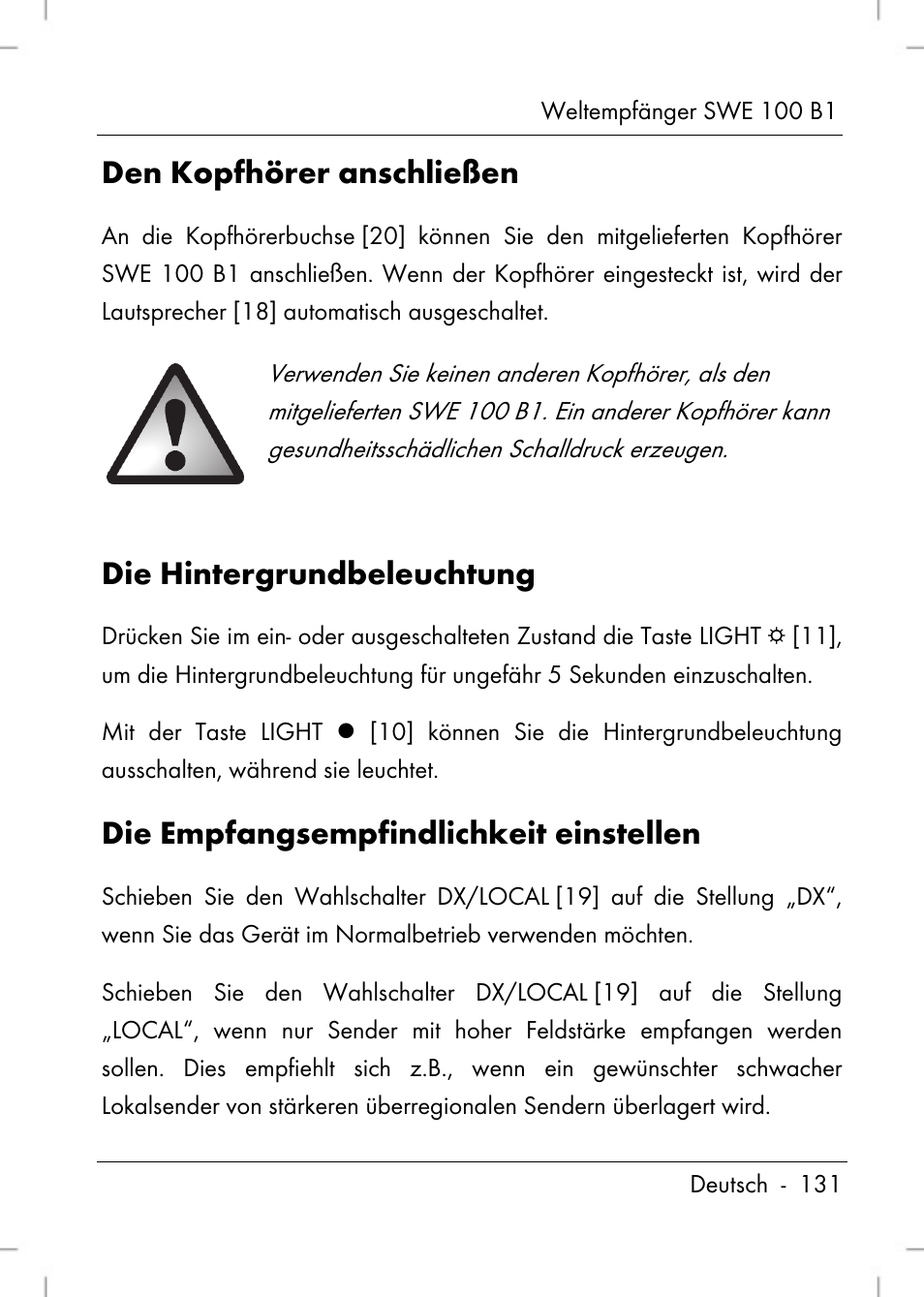 Den kopfhörer anschließen, Die hintergrundbeleuchtung, Die empfangsempfindlichkeit einstellen | Silvercrest SWE 100 B1 User Manual | Page 133 / 140