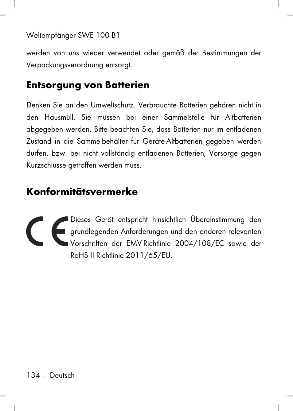 Entsorgung von batterien, Konformitätsvermerke | Silvercrest SWE 100 B1 User Manual | Page 136 / 140