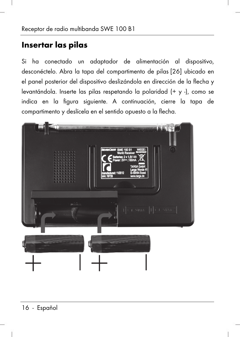 Insertar las pilas | Silvercrest SWE 100 B1 User Manual | Page 18 / 140