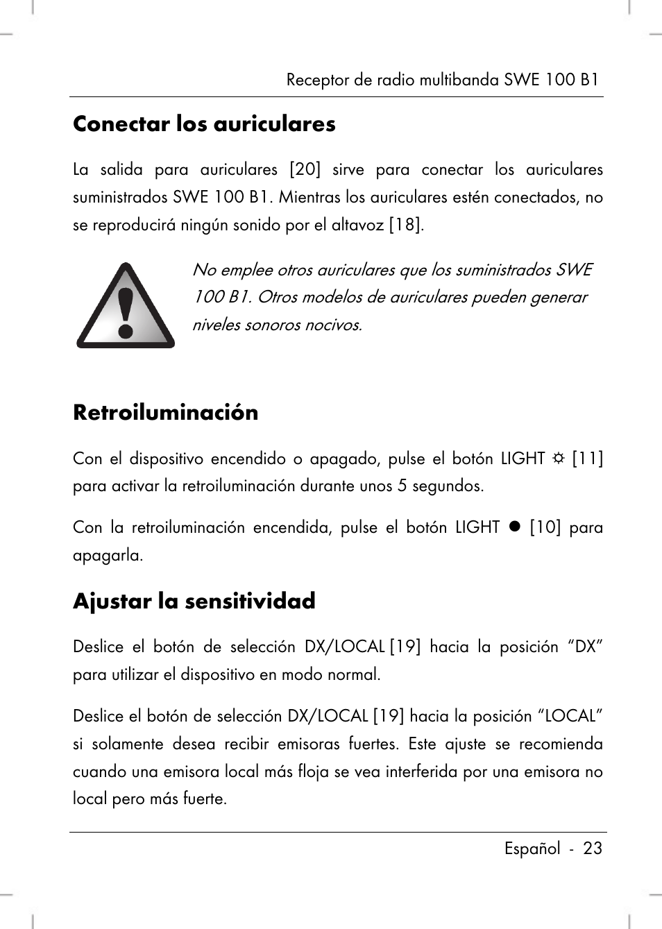 Conectar los auriculares, Retroiluminación, Ajustar la sensitividad | Silvercrest SWE 100 B1 User Manual | Page 25 / 140