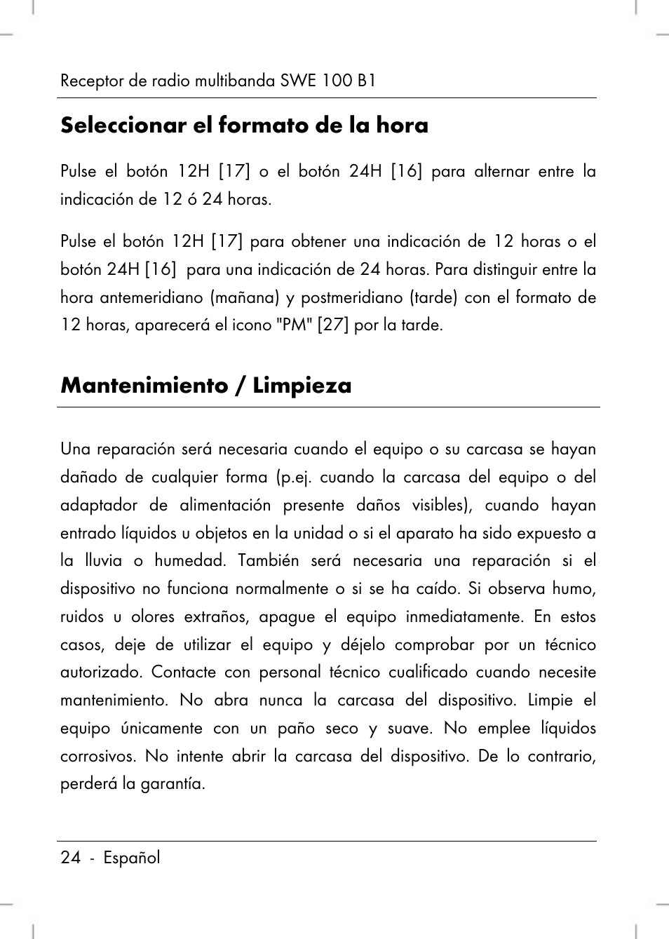 Seleccionar el formato de la hora, Mantenimiento / limpieza | Silvercrest SWE 100 B1 User Manual | Page 26 / 140