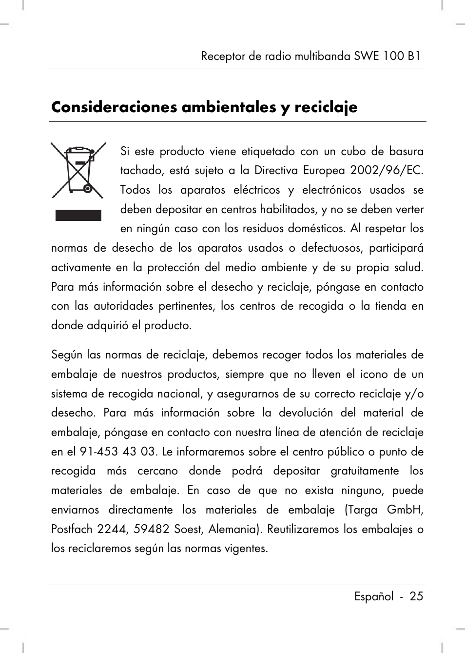 Consideraciones ambientales y reciclaje | Silvercrest SWE 100 B1 User Manual | Page 27 / 140