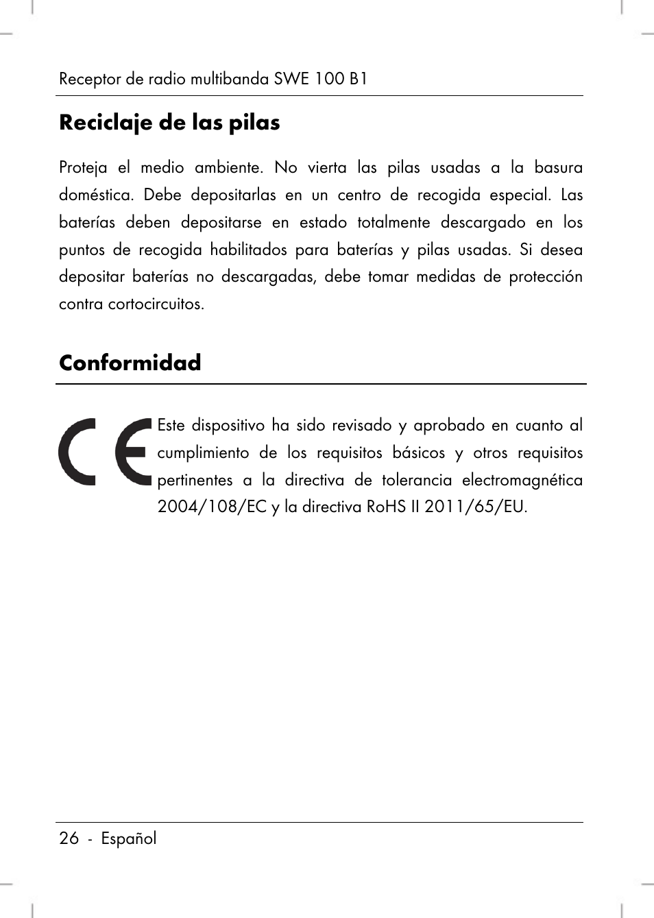 Reciclaje de las pilas, Conformidad | Silvercrest SWE 100 B1 User Manual | Page 28 / 140