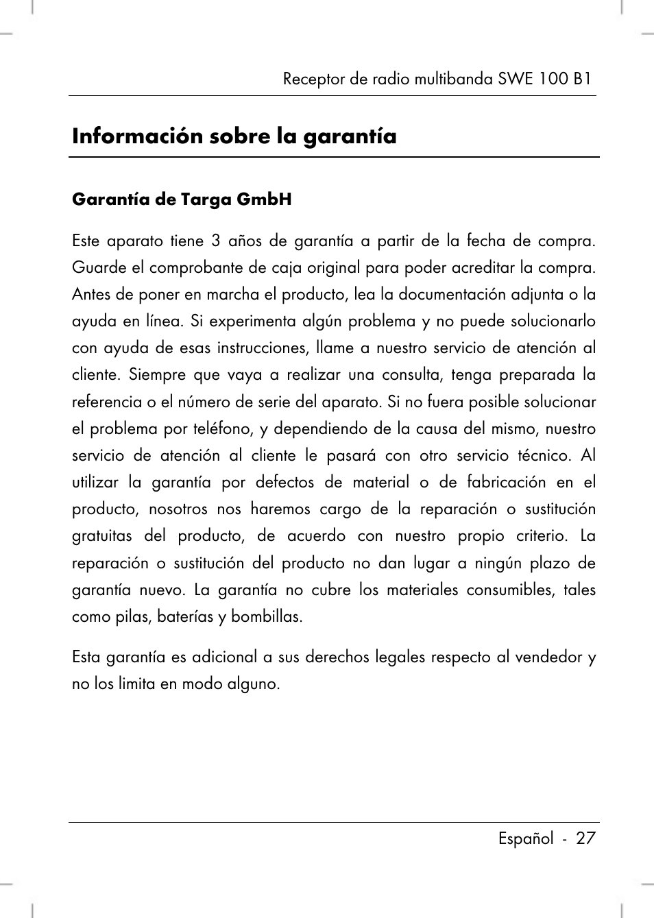 Información sobre la garantía | Silvercrest SWE 100 B1 User Manual | Page 29 / 140