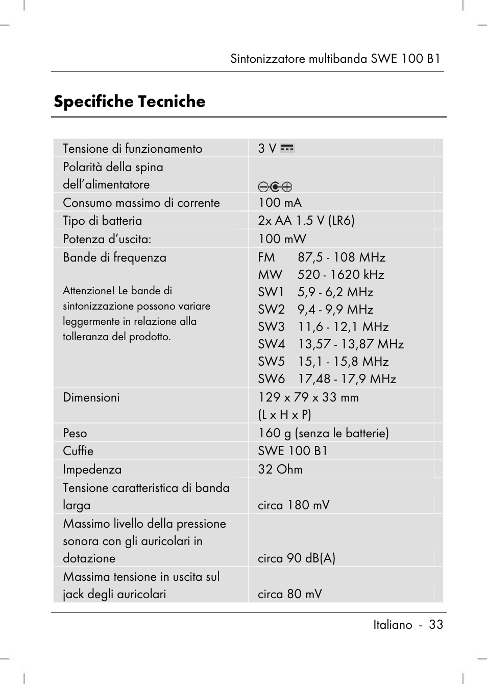 Specifiche tecniche | Silvercrest SWE 100 B1 User Manual | Page 35 / 140