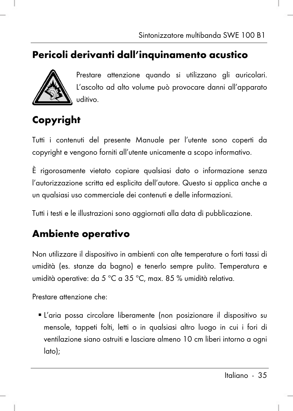 Pericoli derivanti dall’inquinamento acustico, Copyright, Ambiente operativo | Silvercrest SWE 100 B1 User Manual | Page 37 / 140