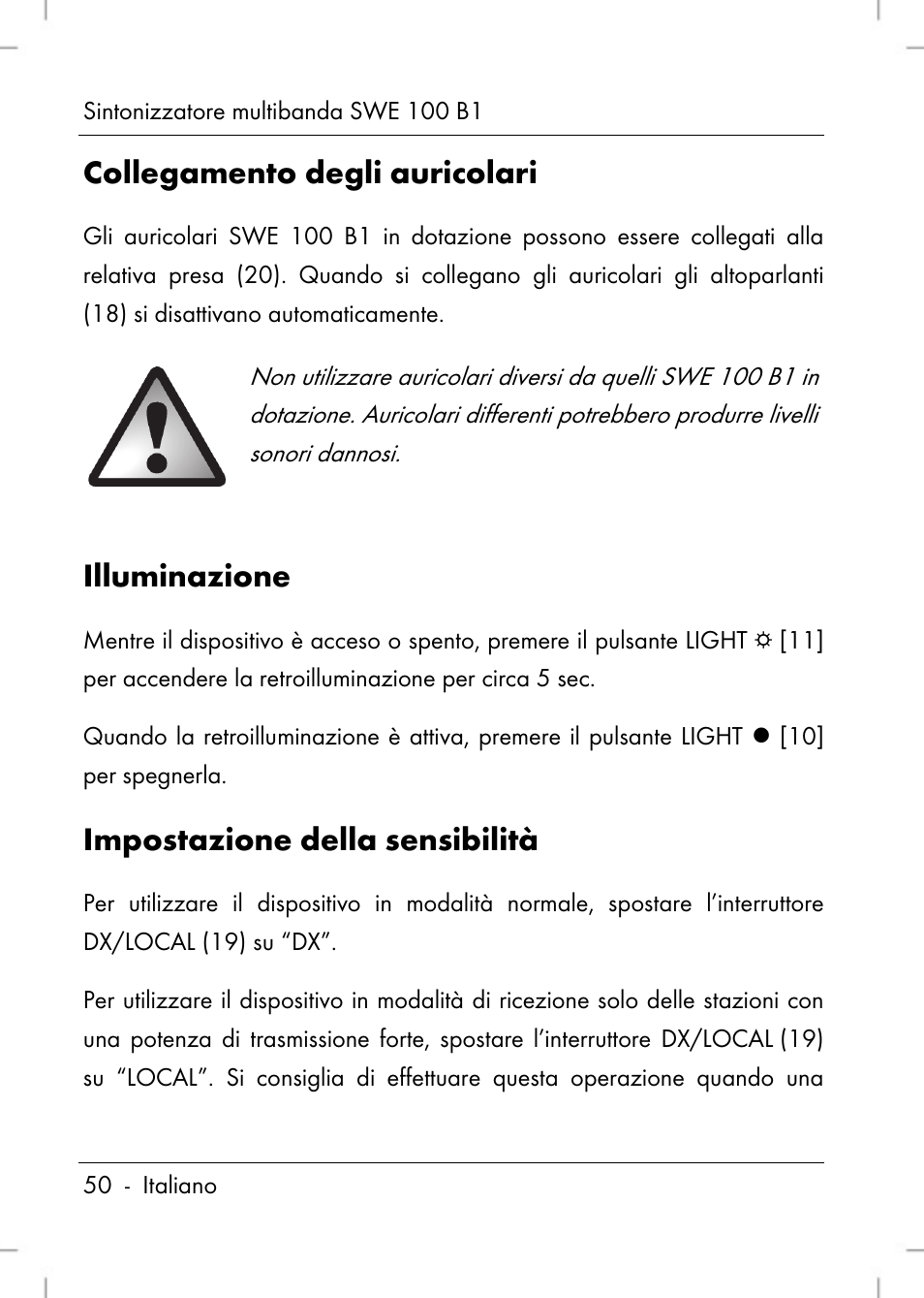 Collegamento degli auricolari, Illuminazione, Impostazione della sensibilità | Silvercrest SWE 100 B1 User Manual | Page 52 / 140