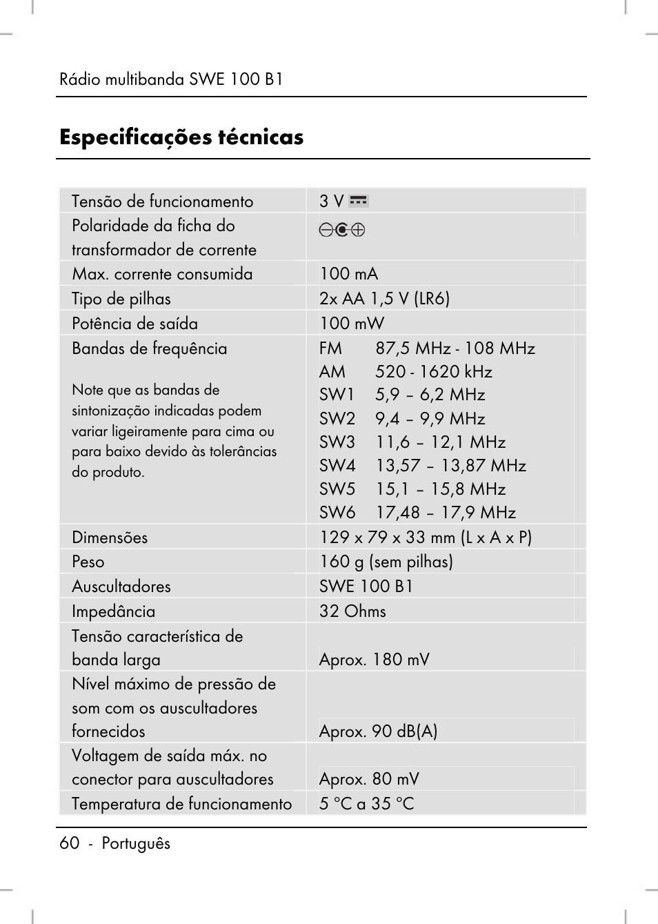 Especificações técnicas | Silvercrest SWE 100 B1 User Manual | Page 62 / 140