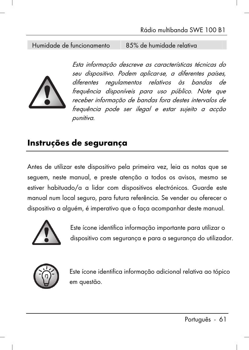 Instruções de segurança | Silvercrest SWE 100 B1 User Manual | Page 63 / 140