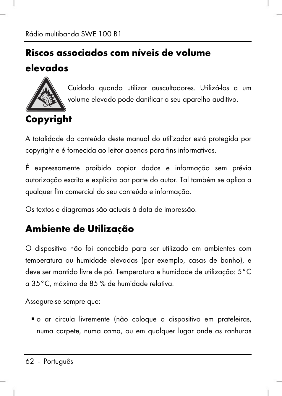 Riscos associados com níveis de volume elevados, Copyright, Ambiente de utilização | Silvercrest SWE 100 B1 User Manual | Page 64 / 140