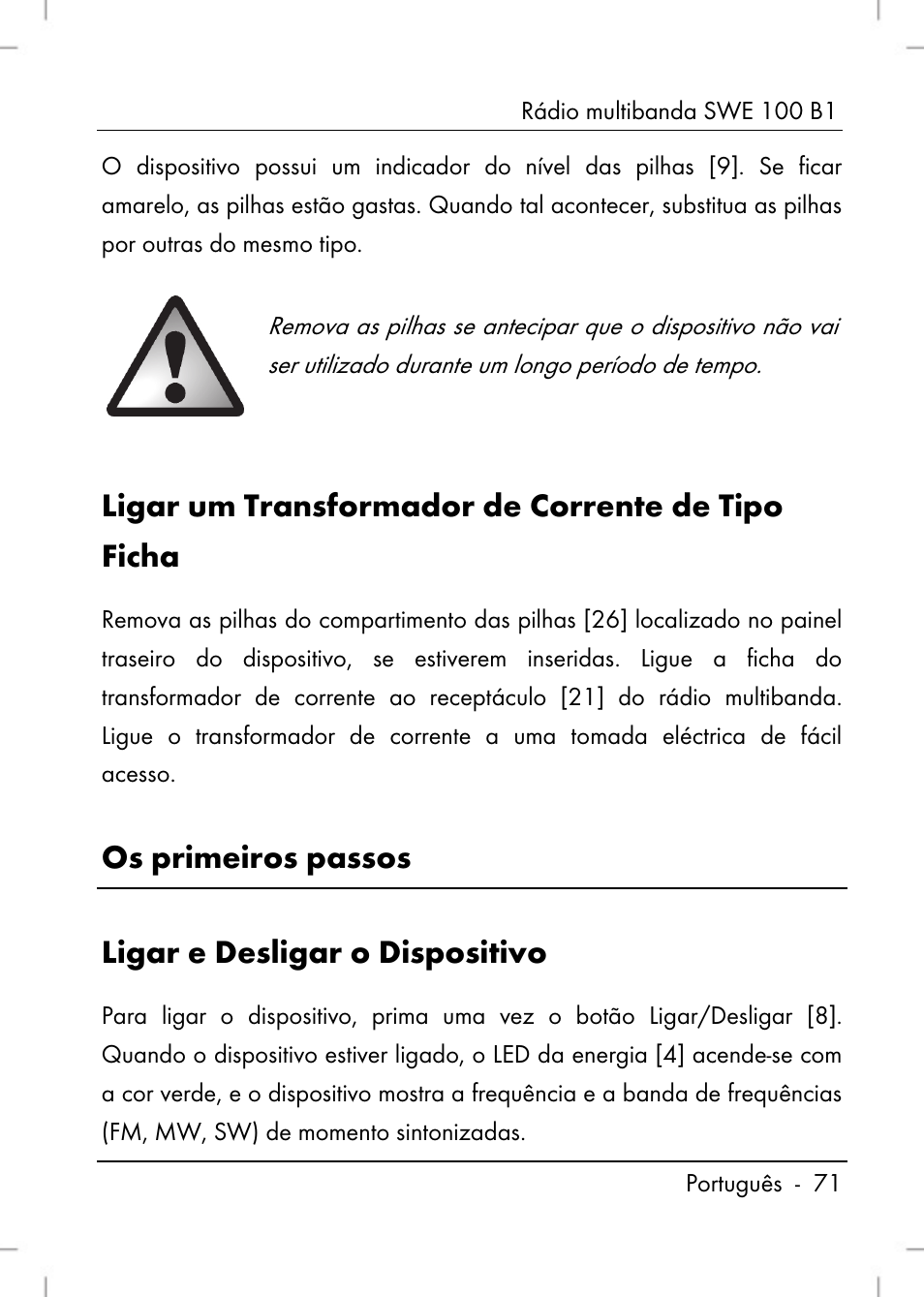 Ligar um transformador de corrente de tipo ficha, Os primeiros passos ligar e desligar o dispositivo | Silvercrest SWE 100 B1 User Manual | Page 73 / 140