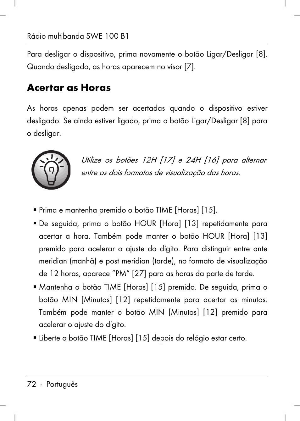 Acertar as horas | Silvercrest SWE 100 B1 User Manual | Page 74 / 140